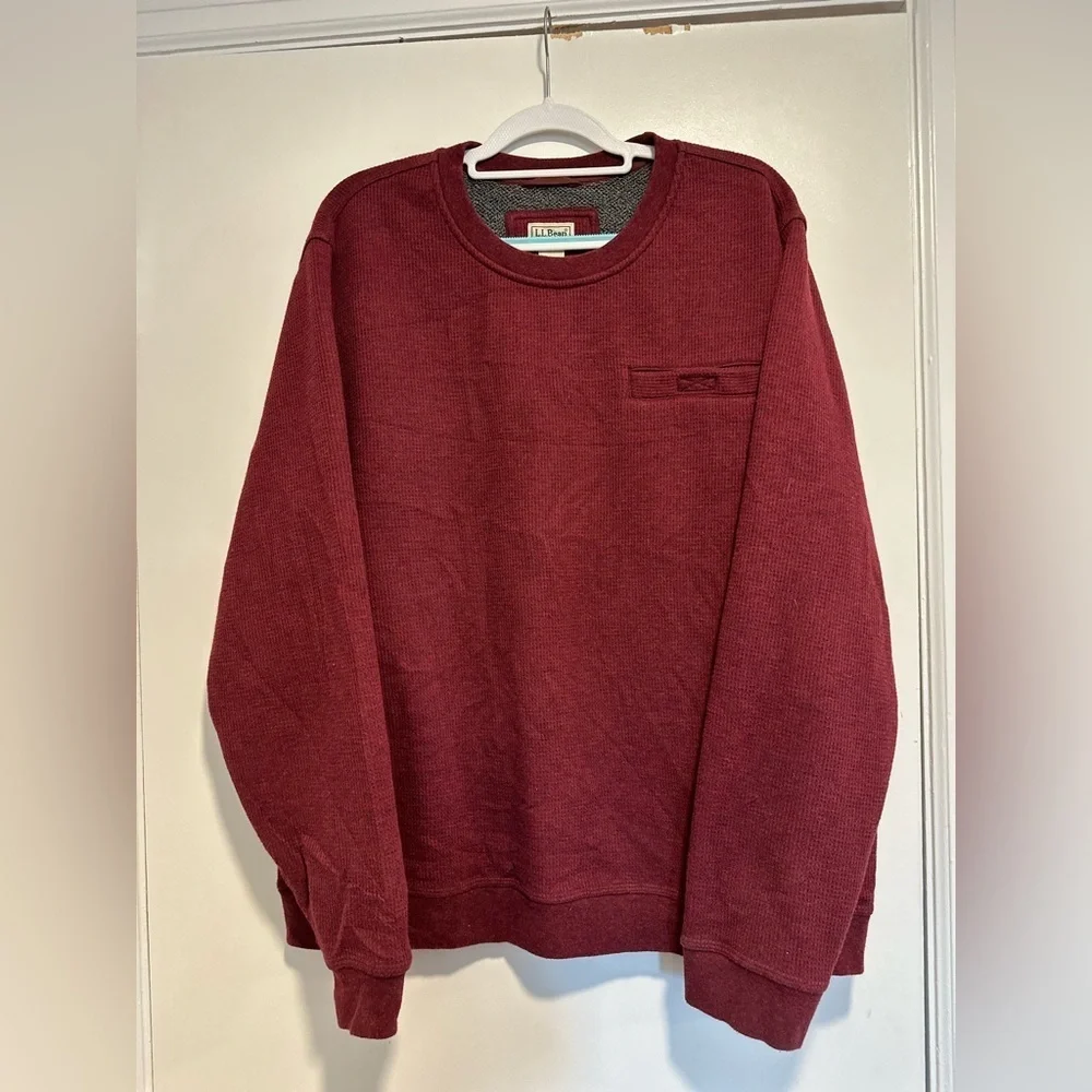 LL Bean Mens Sz:XL maroon Sherpa Fleece Lined Thermal Waffle Knit Crewneck Shirt